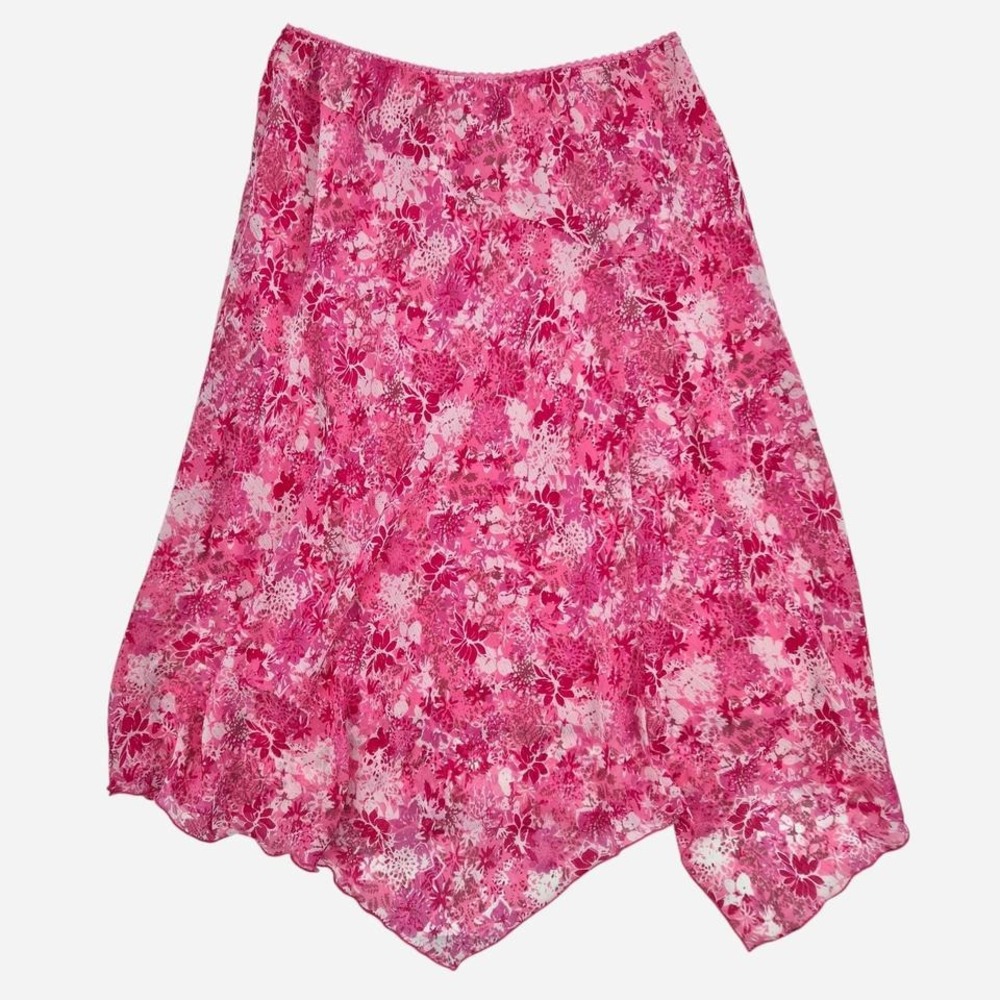 Y2K Pink floral asymmetrical midi skirt with lace waistband Size XL